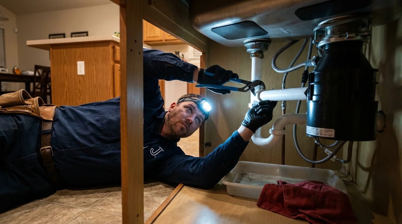 P-trap and supply line connections under a kitchen sink showing a common leak point in Cameron, MO